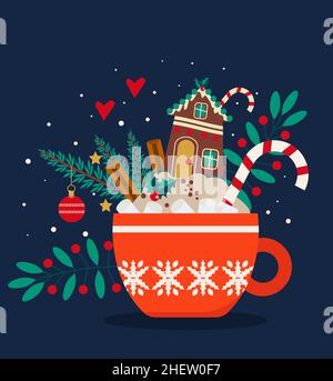Red mug with a gingerbread house, marshmallows and Christmas tree branches against a background of snowfall. Christmas concept. Vector illustration Stock Vector