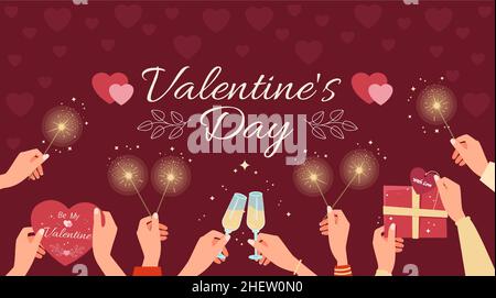 St. Valentine's Day. Male and female hands are holding a gift, glasses of champagne, greeting card, sparklers. Flat vector illustration. Stock Vector