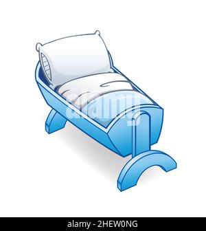 cartoon blue infant cot crib bed with blanket and pillow isometric isolated on white background vector Stock Vector