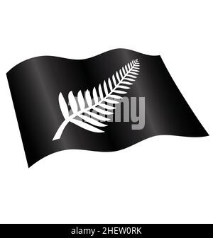 classic white silver fern leaf new zealand emblem logo on black background flag flying waving flowing symbol icon vector Stock Vector