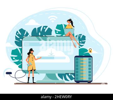 Pretty women configure the application on the big LCD screen. Server Illustration Concept. Back end development it concept. Software. Stock Vector