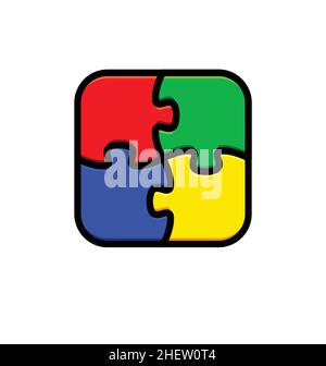 4 simple symmetrical colored puzzle pieces connected together line drawing logo blue green yellow red vector isolated on white background Stock Vector