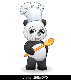 cute panda chef cook cartoon character with hat and wooden spoon vector isolated on white background Stock Vector