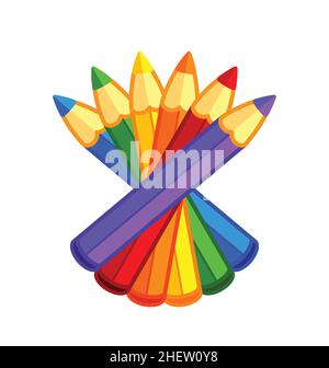 fun kids cute cartoon color colored pencils set purple blue green yellow orange red standing upright isolated on white background vector Stock Vector