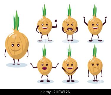 Set of onions - character and emotions. Anthropomorphic hero. Vector illustration in cartoon style. Stock Vector