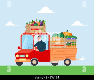 Truck with fresh vegetables and fruits. Cheerful farmer or delivery man. Vector illustration in a flat style. Stock Vector