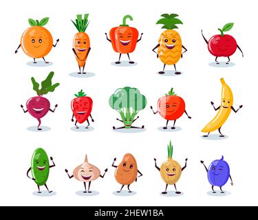 Vegetables and fruits funny characters in cartoon style. Vector illustration. Stock Vector