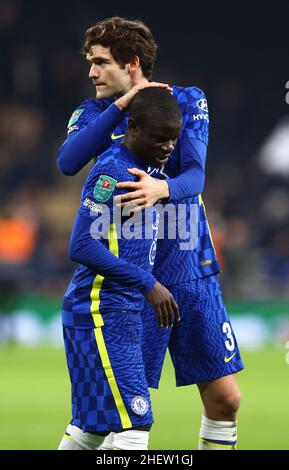 London, England, 12th January 2022.   Ngolo Kante of Chelsea celebrates with Marcos Alonso of Chelsea during the Carabao Cup match at the Tottenham Hotspur Stadium, London. Picture credit should read: David Klein / Sportimage Stock Photo