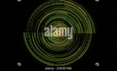 Abstract rotating radar on the screen. Working searching program with spinning circles isolated on black background, seamless loop, futuristic navigat Stock Photo