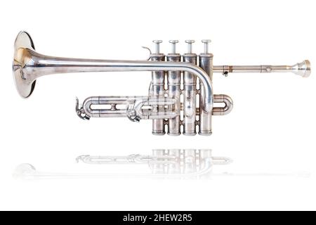 Silver golden piccolo trumpet four valves isolated background Stock Photo