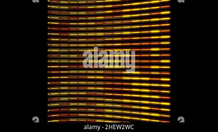 Abstract colorful lines devided into small segments flowing on black background, seamless loop. Digital horizontal rows of narrow yellow and red strip Stock Photo