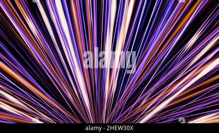 Many rays coming from the one point spreading and shining all over the screen, seamless loop. Neon colorful light beams of pink and purple colors. Stock Photo