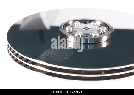 opened hard disk with fingerprint on it Stock Photo