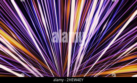 Many rays coming from the one point spreading and shining all over the screen, seamless loop. Neon colorful light beams of pink and purple colors. Stock Photo