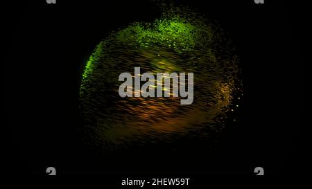 Organized movement of dynamic colorful particles in a form of a 3D sphere on black background. Technological background, green and yellow atoms flying Stock Photo