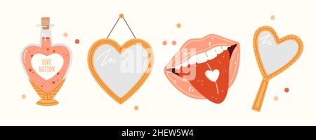 Valentine's Day set. Two heart-shaped mirrors, open mouth with pink lips and tongue sticking out, love potion Stock Vector