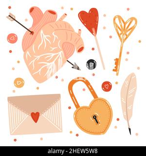 St. Valentine's Day set. Key, heart-shaped lock, candies, quill, envelope and human heart pierced with arrow Stock Vector