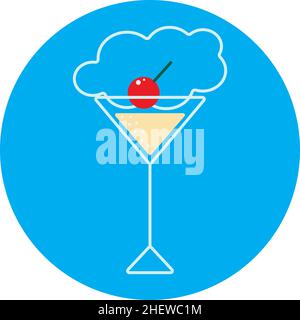Filled cocktail glass with cherries on a blue background in the shape of a circle. Bright colorful logo. Icon. Vector illustration. Stock Vector