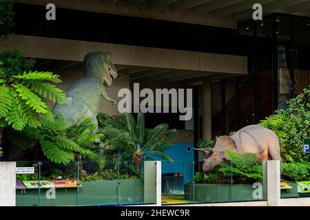 Dinosaurs on display outside Queensland Museum, Southbank, Brisbane Queensland Australia Stock Photo