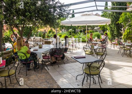 SIBENIK, CROATIA - MAY 25, 2019: Cafe at Saint Lawrence Monastery garden in Sibenik, Croatia Stock Photo
