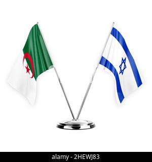 Two table flags isolated on white background 3d illustration, algeria and israel Stock Photo