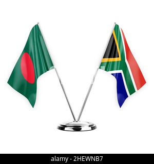 Two table flags isolated on white background 3d illustration, bangladesh and south africa Stock Photo