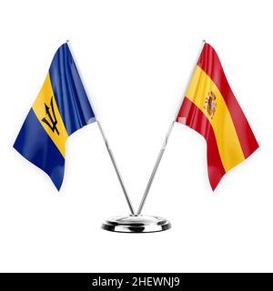 Two table flags isolated on white background 3d illustration, barbados and spain Stock Photo