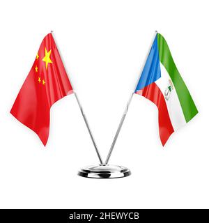 Two table flags isolated on white background 3d illustration, china and equatorial guinea Stock Photo