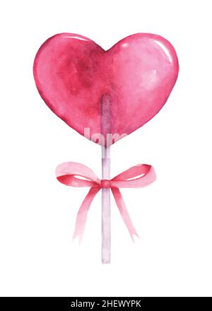 Bright pink heart-shaped lollipop and ribbon tied cute with watercolor hand-painted isolated on white background. Element perfect for decorating Valen Stock Vector