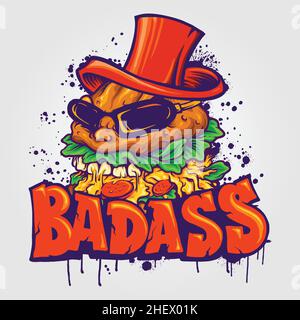 Badass Big Hamburger Hat Logo Vector illustrations for your work Logo, mascot merchandise t-shirt, stickers and Label designs, poster, greeting cards Stock Vector