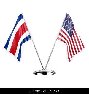 Two table flags isolated on white background 3d illustration, costa rica and usa Stock Photo