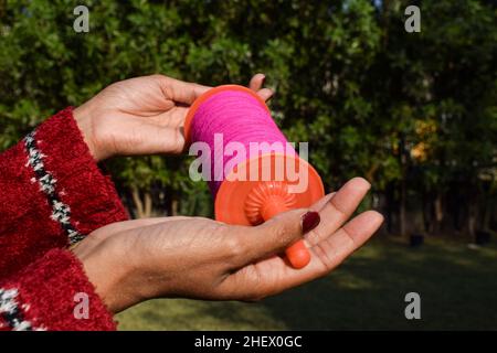 Female holding Kite phirki Manjha or kite spool thread reel in hand and flying kite at house celebrating Indian kite festival of Makar sankranti or Ut Stock Photo