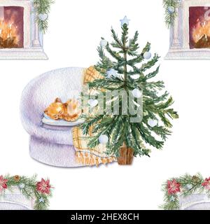 Seamless pattern with Christmas tree, sofa and cat on a white isolated background. Watercolor Christmas illustration Stock Photo