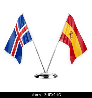 Two table flags isolated on white background 3d illustration, iceland and spain Stock Photo
