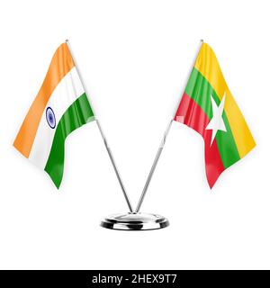 Two table flags isolated on white background 3d illustration, india and myanmar Stock Photo