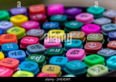 colorful and abstract pattern from the composition of alcohol artist marker with blurry and soft focus background for wallpaper Stock Photo