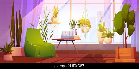 Office or home workplace with laptop on table, chair and green plants. Vector cartoon illustration of empty lounge interior with comfort place for remote work or freelance and houseplants in pots Stock Vector