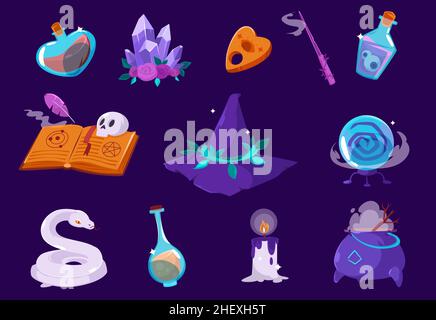 Cartoon magic items crystal globe, potion bottle, snake, witch hat, burning candle and wand, spell book and cauldron. Elements for computer game, isolated wiz stuff, Vector illustration, icons set Stock Vector