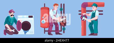 Plumbers service, plumbing maintenance concept. Vector set of flat illustrations with handyman repairs pipes and boiler with wrench, professional repairman fix leakage in washing machine Stock Vector