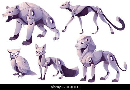 Mechanical animals, bear, fox, owl, panther and lion robots. Vector cartoon set of futuristic mechanic pets, metal animals cyborgs. Cute electronic machines isolated on white background Stock Vector