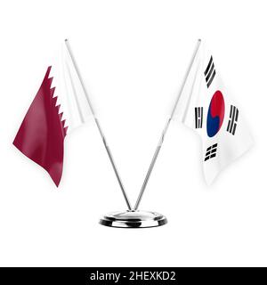 Two table flags isolated on white background 3d illustration, qatar and south korea Stock Photo