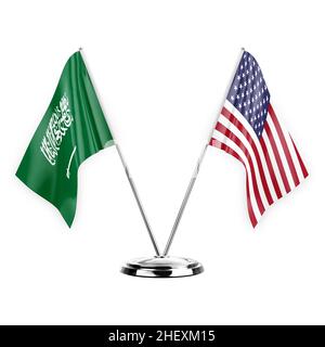 Two table flags isolated on white background 3d illustration, saudi arabia and usa Stock Photo