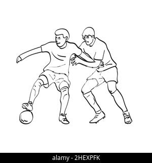line art two soccer players in action illustration vector hand drawn isolated on white background Stock Vector