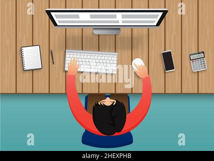 Business person working on computer. Businessman sitting on a blue chair top view the office Desk with Office equipment. Vector flat chart. Stock Vector