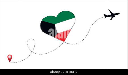 Airplane flight route with Kuwait flag inside the heart. Travel to your favorite country. Stock Vector