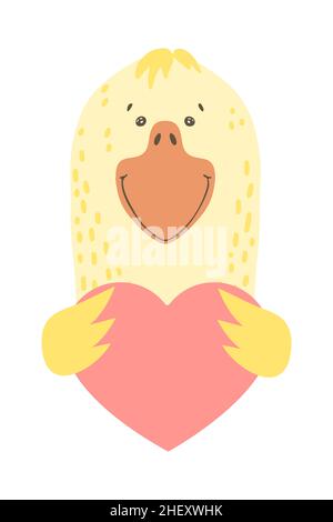 Cute cartoon bird goose holds a heart sign with copy space. set valentine's day greeting card banner invitation flyer brochure. cartoon hand drawn sty Stock Vector