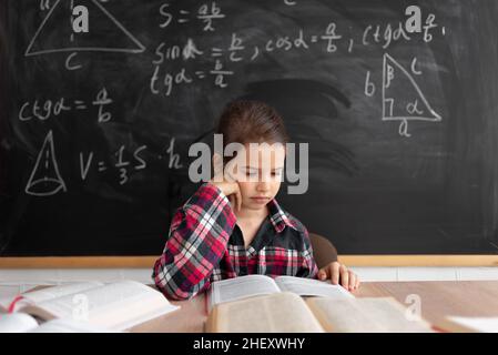 Back to school and happy time. A cute hardworking child is sitting at a table indoors. The kid is studying in the classroom against the background of Stock Photo