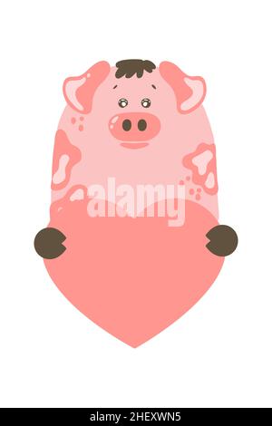 Cute cartoon pig animal holds a heart sign with copy space. set valentine's day greeting card banner invitation flyer brochure. cartoon hand drawn sty Stock Vector