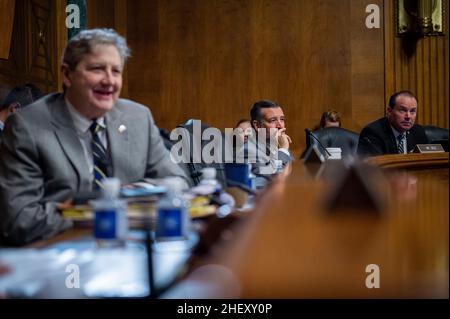 United States Senator Ted Cruz (Republican of Texas), right, listen ens as United States Senator John Neely Kennedy (Republican of Louisiana), left, questions Andre B. Mathis during a Senate Committee on the Judiciary hearing for his nomination to be United States Circuit Judge for the Sixth Circuit, in the Dirksen Senate Office Building in Washington, DC, USA, Wednesday, January 12, 2022. Photo by Rod Lamkey/CNP/ABACAPRESS.COM Stock Photo