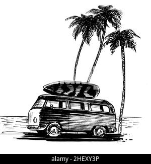 Vintage van with surfing boards on the beach. Ink black and white drawing Stock Photo